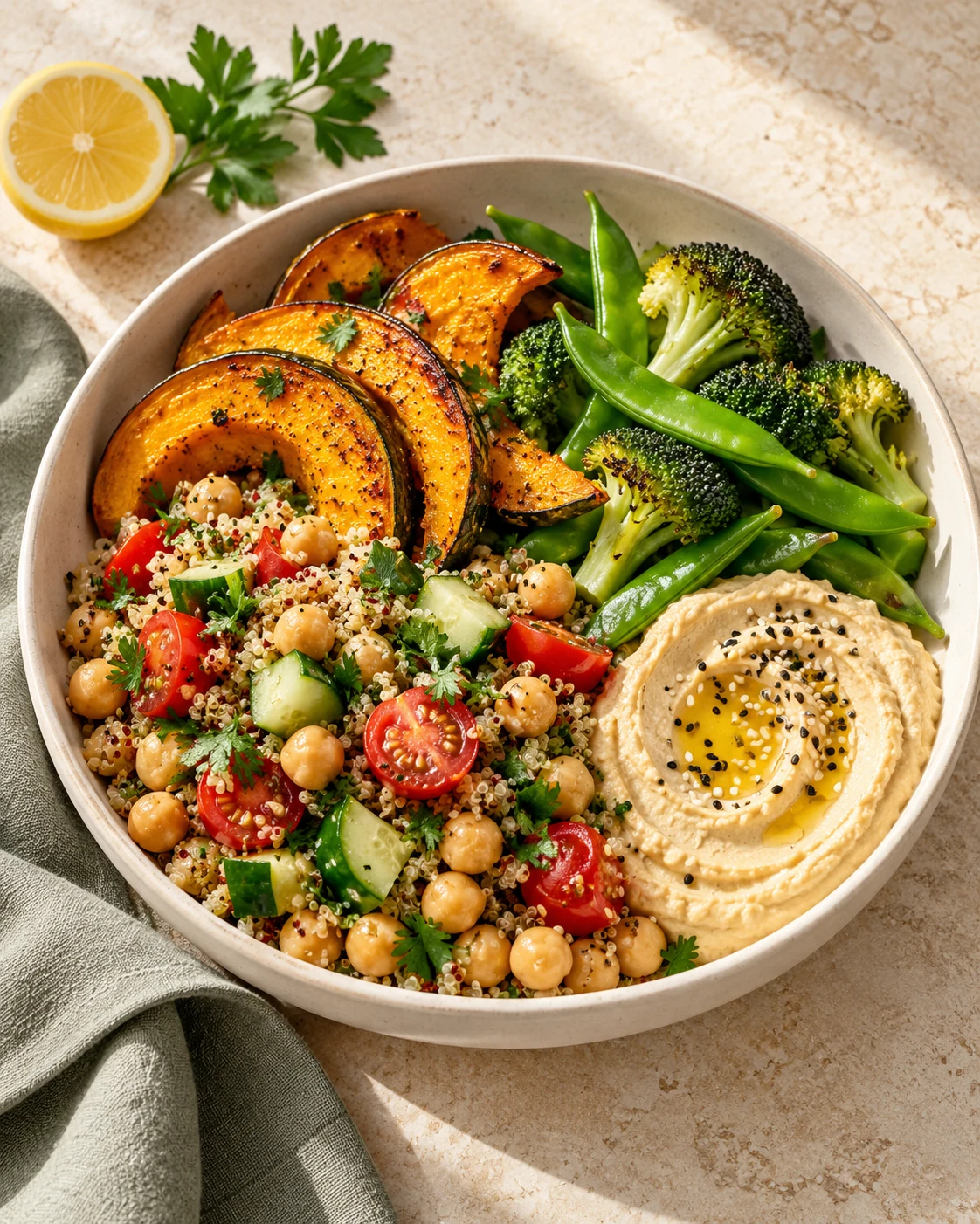 Colourful quinoa and chickpea salad with roasted pumpkin, fresh greens and creamy hummus