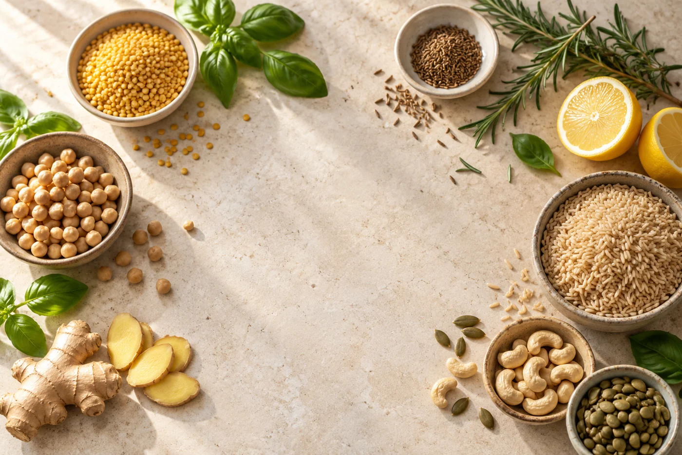 Fresh herbs, ginger, lemons, rice, chickpeas, mung dal, nuts and seeds on a sunlit kitchen table
